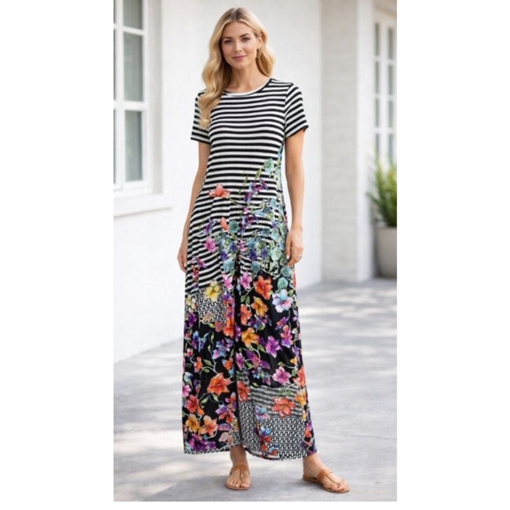 4899)Trulli Anthropologie Whimsy Rouched Artsy Floral Stripe Maxi Dress XL